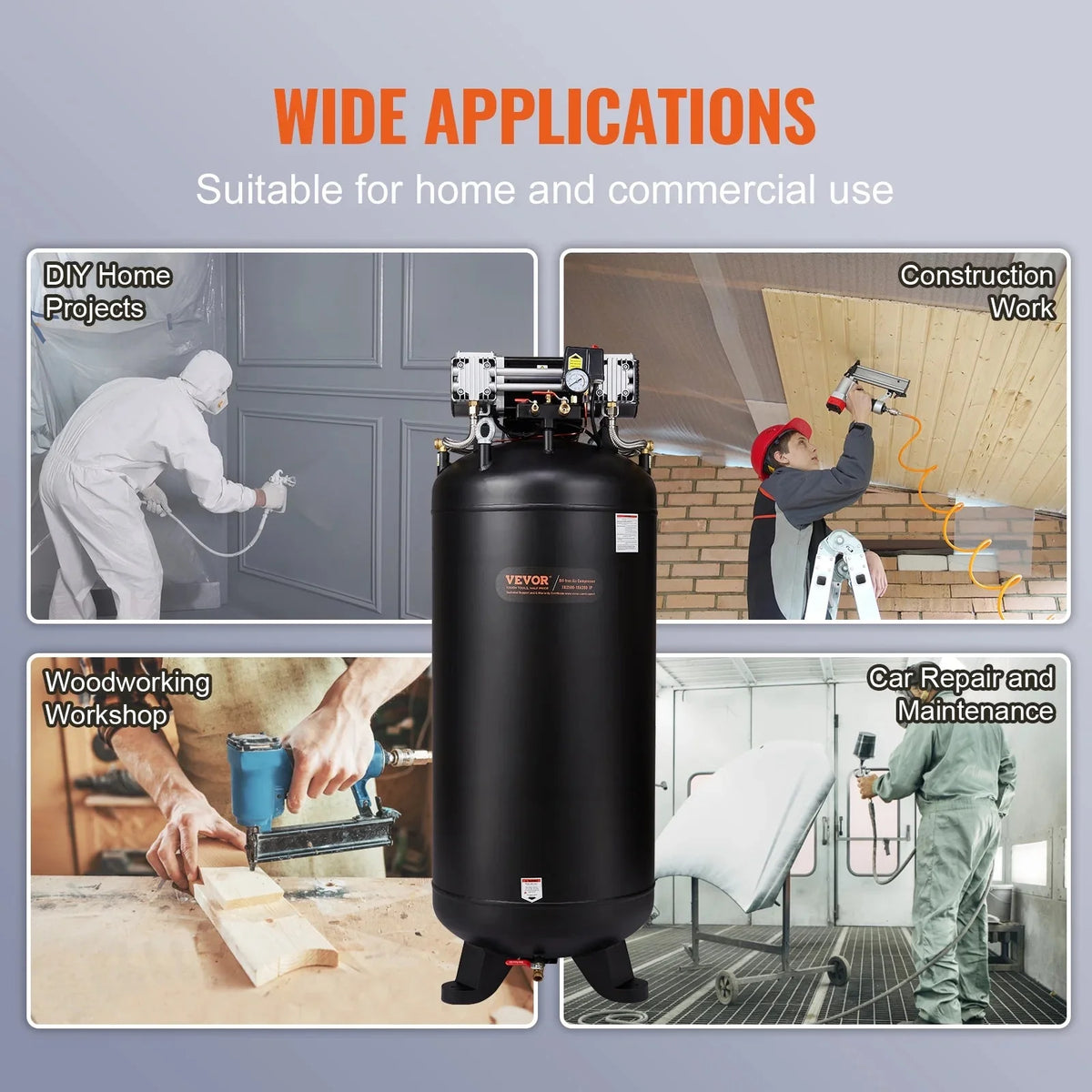 VEVOR 80 Gallon Oil-Free Air Compressor, 6.5 HP, 15.5 SCFM at 90 PSI, 145 PSI - FB3500-10A300-1P