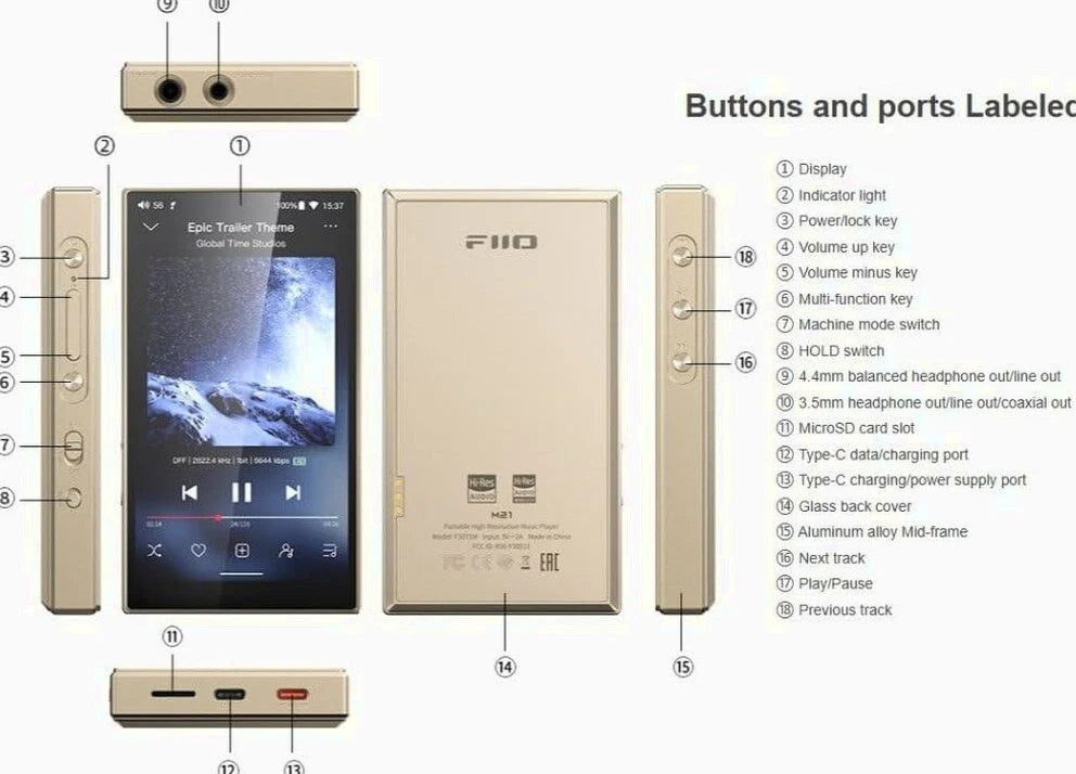 FiiO Hi-Res Music Player, Android 13, Snapdragon 680, 64 GB, Blue-Black - M21