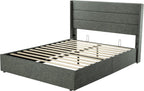 Queen Size Lift Up Storage Bed with Wingback Headboard, Upholstered Platform Bed Frame with Hidden Storage