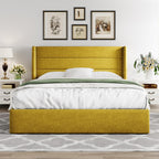 Queen Size Lift Up Storage Bed with Wingback Headboard, Upholstered Platform Bed Frame with Hidden Storage