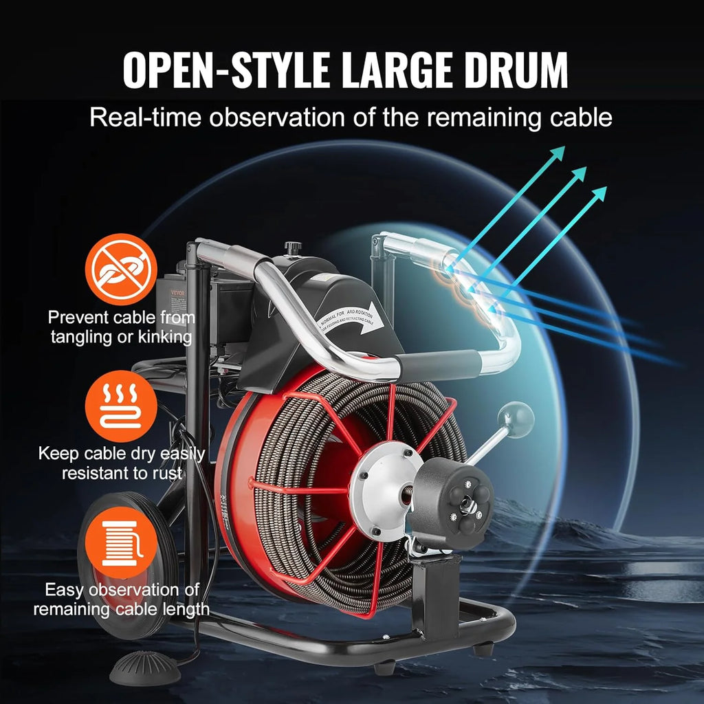 550W Drain Cleaning Machine, 100-Ft. x 1/2-Inch Sewer Snake Auger with 8 Cutters, Wheels and Foot Switch, for 2-4-Inch Pipes