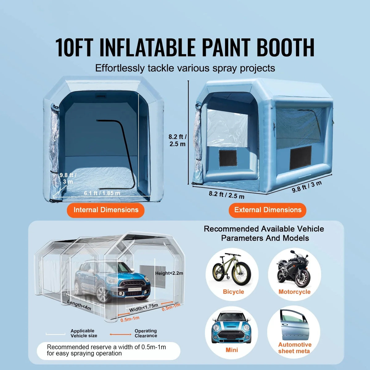KFFKFF Portable Inflatable Spray Shelter 9.8 x 8.2 x 8.2 ft With 550 W Blower And Filtration System - GZYJXKF03