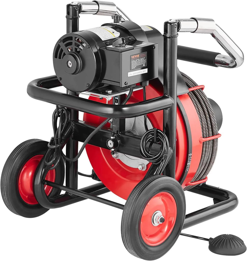 550W Drain Cleaning Machine, 100-Ft. x 1/2-Inch Sewer Snake Auger with 8 Cutters, Wheels and Foot Switch, for 2-4-Inch Pipes