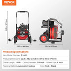 550W Drain Cleaning Machine, 100-Ft. x 1/2-Inch Sewer Snake Auger with 8 Cutters, Wheels and Foot Switch, for 2-4-Inch Pipes