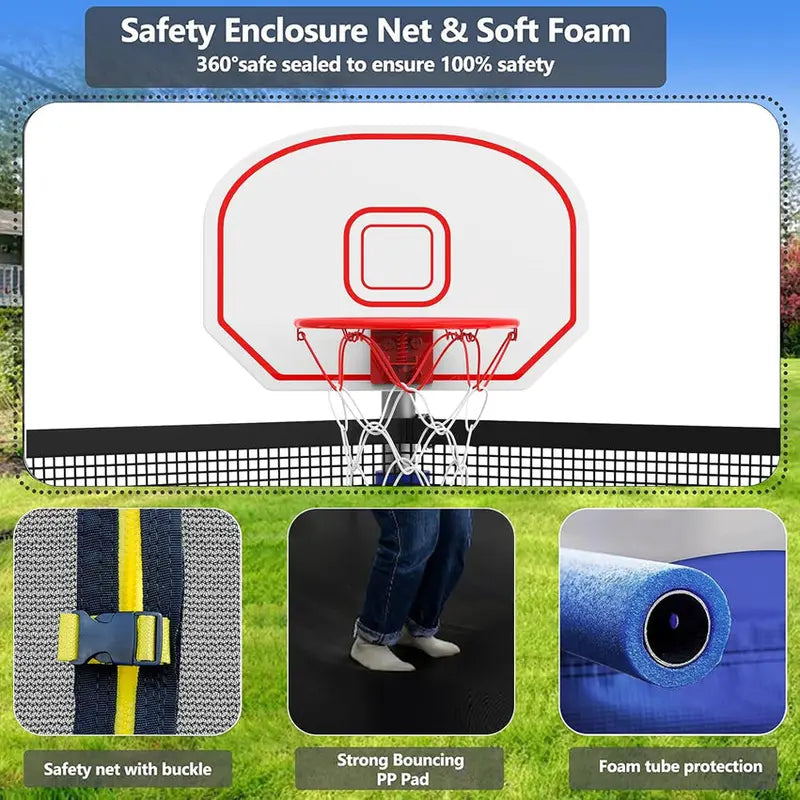 Trampoline With Enclosure Net And Adjustable Basketball Hoop - 8ft, 10ft, 12ft, 14ft, 15ft, 16ft