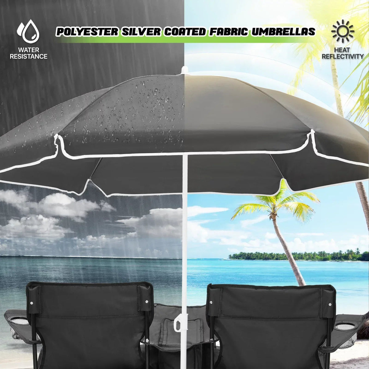 Magshion Portable Double Folding Camping Chair With Removable Umbrella, Cooler Bag And Carry Bag, Black