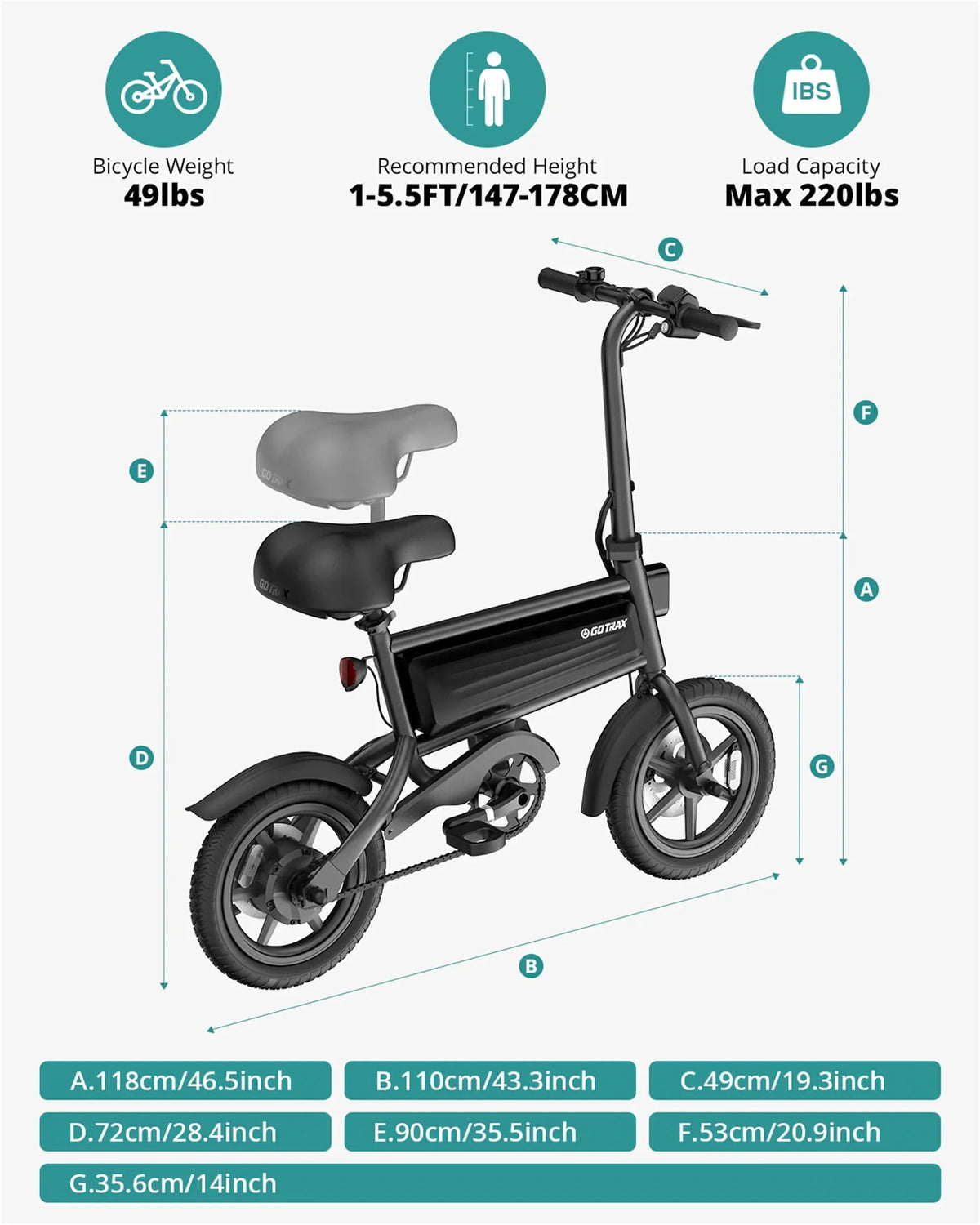 GOTRAX Folding Electric Bike For Adults And Teens, 14 inch, 250W, 15.5 mph, 15 Miles, Black - S2