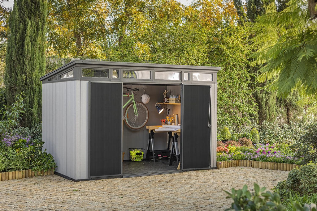 11 x 7-Ft. Resin Outdoor Storage Shed for Patio Furniture, Garden Tools, Bikes and Lawn Mowers