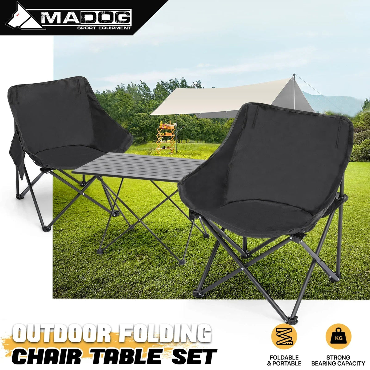 MADOG 3-Piece Folding Camping Table And Chairs Set, Black, Table 26.5 x 18.5 x 16.0 in, Chair 17.0 x 17.0 x 27.0 in