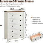 48 Inch Tall Farmhouse Wood Dresser, 5 Drawer Chest of Drawers for Bedroom