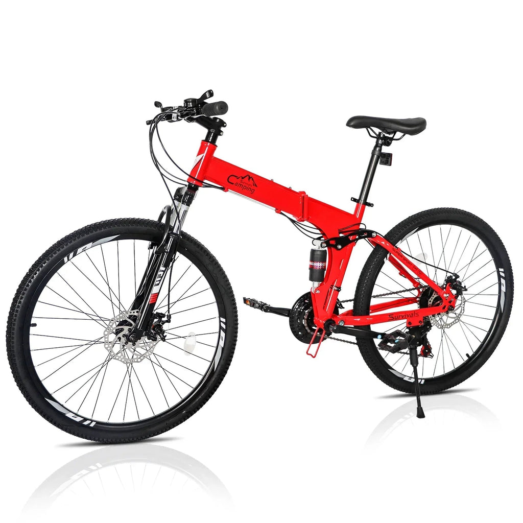 iRerts 26 Inch Folding Adult Mountain Bike, 21 Speed, Dual Disc Brakes, Red/Black