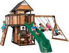 Backyard Discovery Canyon Creek Cedar Wood Swing Set With Wave Slide, Clubhouse, Play Kitchen, 183 x 188 x 119 Inches