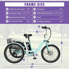 Docred 24in Electric Tricycle, 7 Speed 3 Wheel E-Bike With Large Basket, 350W 36V 10.4Ah - 15.5 MPH