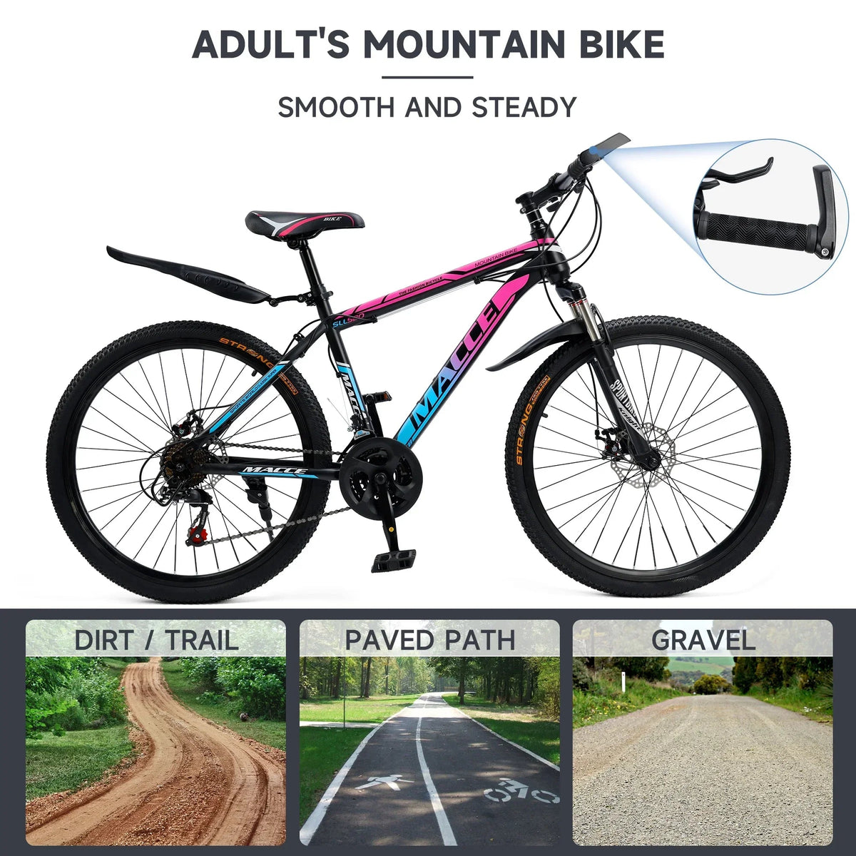 ARTUDATECH 24/26/27.5 Inch Mountain Bike, 24 Speeds, V/Disc Brakes, High-Carbon Steel Frame - Trailblazer