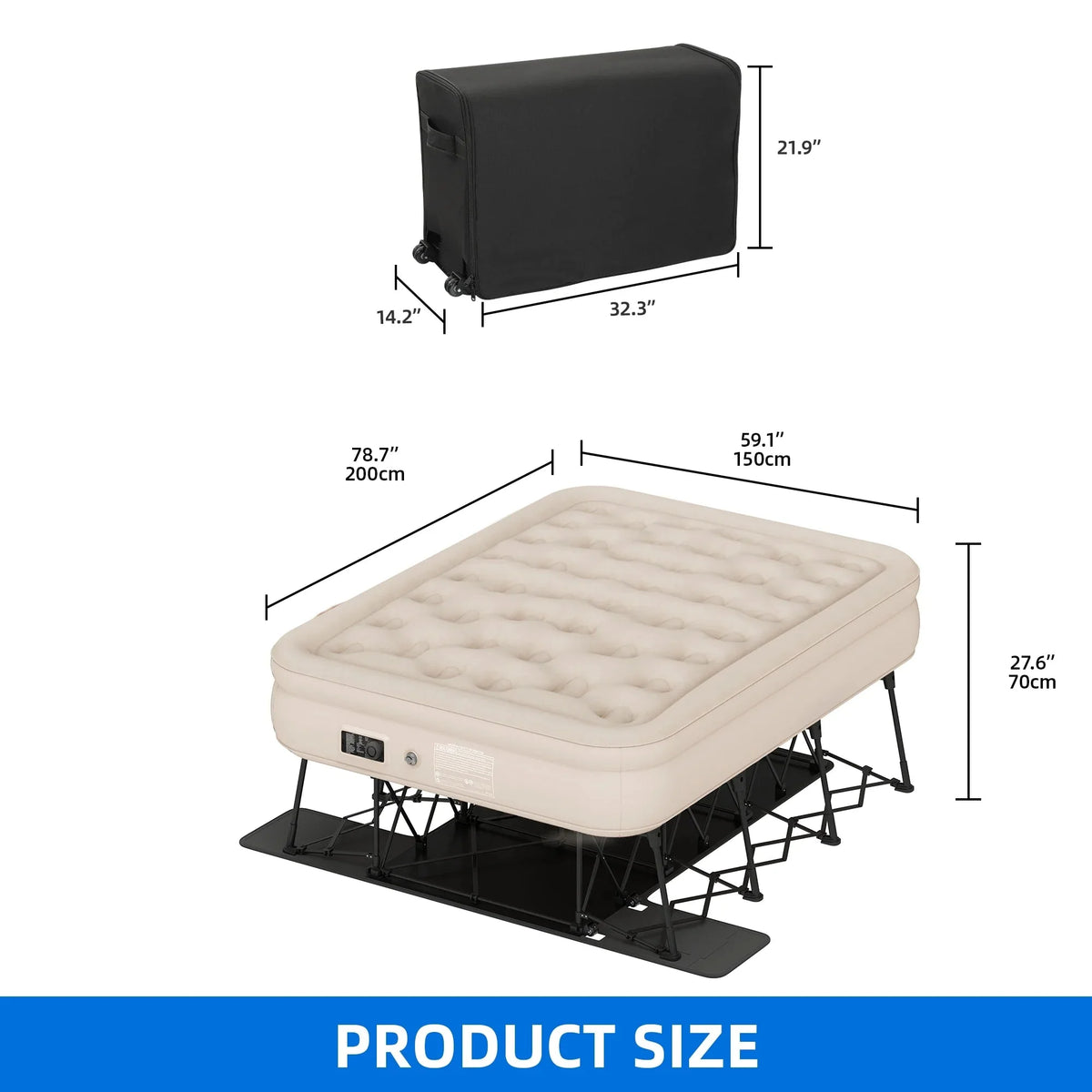 Dextrus Inflatable Queen Air Mattress With Built-In Pump, Steel Frame, Velvet Surface, Khaki