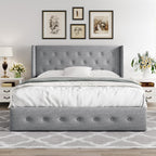 Queen Size Lift Up Storage Bed with Wingback Headboard, Upholstered Platform Bed Frame with Hidden Storage
