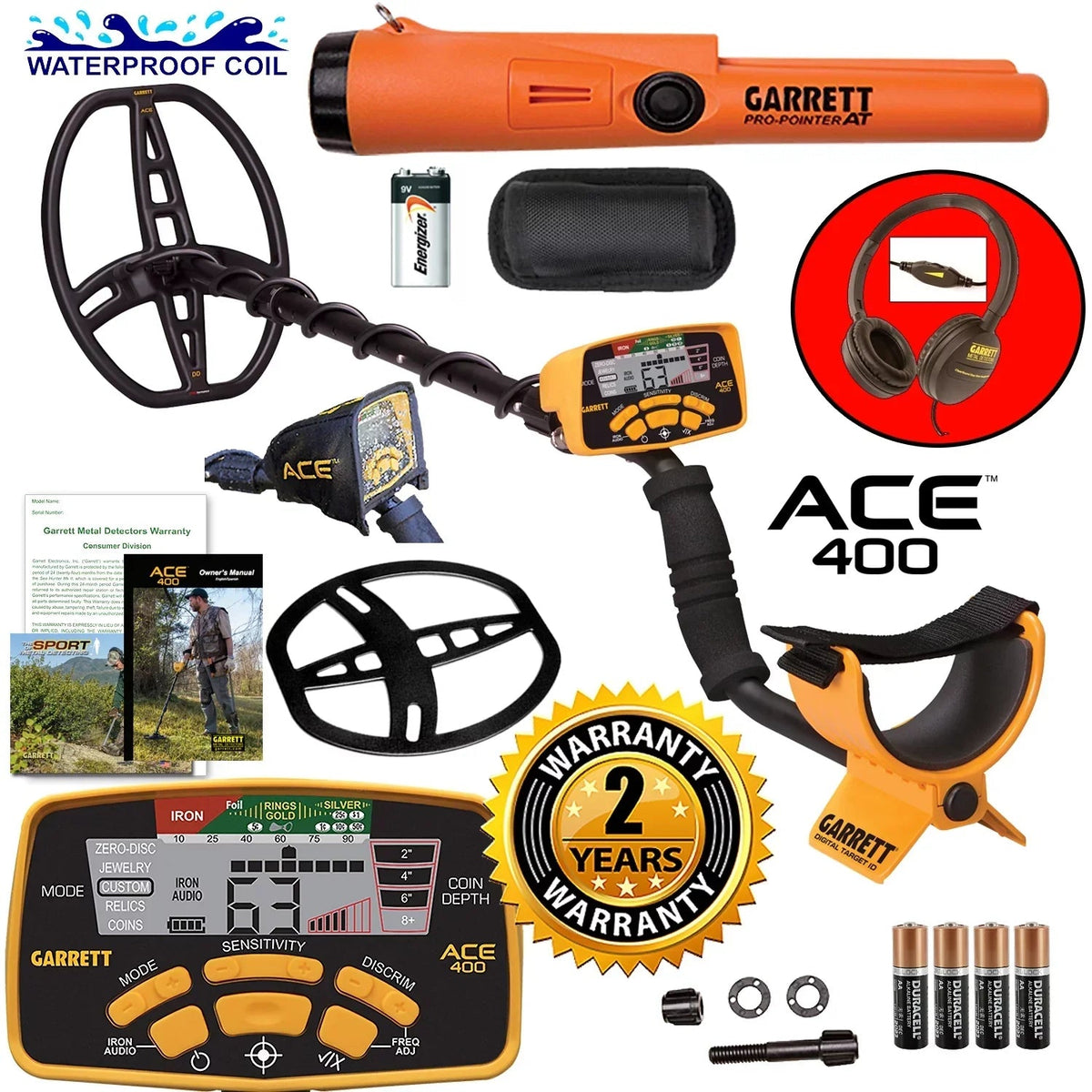 Garrett ACE 400 Metal Detector With 8.5 x 11 in DD Waterproof Search Coil And AT Pro-Pointer