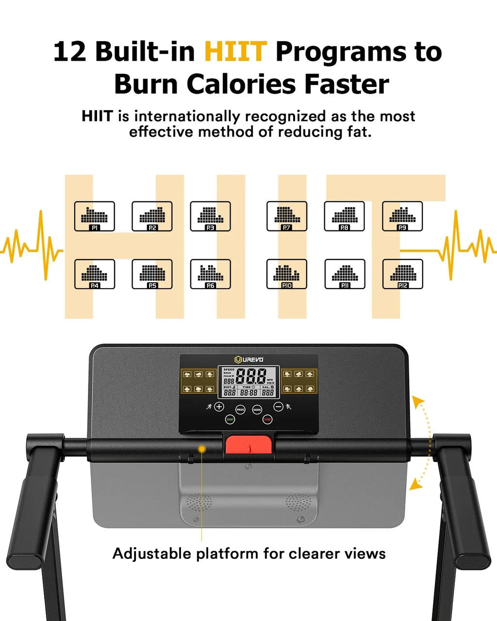 UREVO Folding Treadmill - 2.25HP, 12 HIIT Modes, 265 lbs Capacity, Yellow Or Red