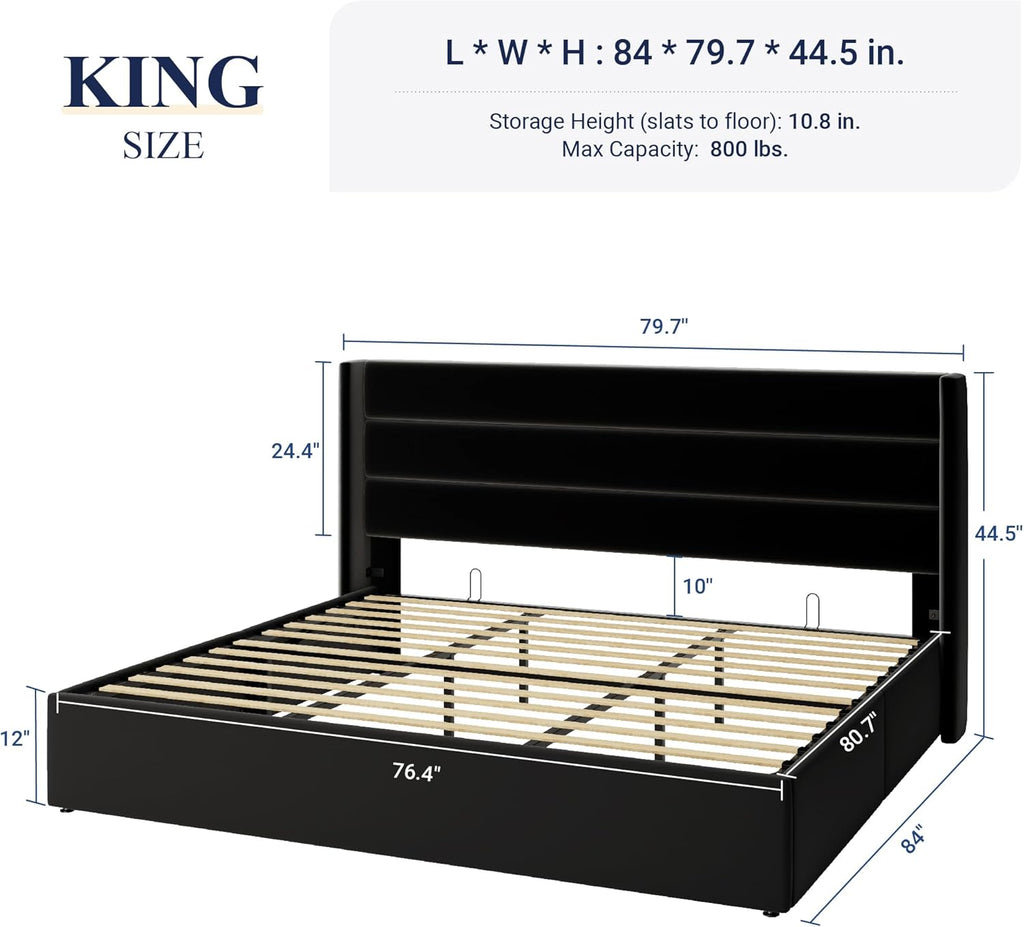 Queen Size Lift Up Storage Bed with Wingback Headboard, Upholstered Platform Bed Frame with Hidden Storage