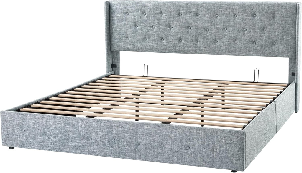 Queen Size Lift Up Storage Bed with Wingback Headboard, Upholstered Platform Bed Frame with Hidden Storage