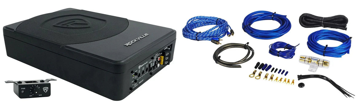 Rockville Slim Under-Seat Powered Car Subwoofer And Amp Installation Kit, 10in 800W - SS10P/RWK81