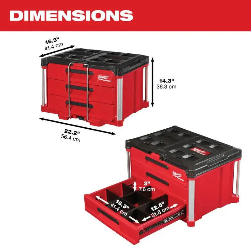 Milwaukee PACKOUT 3-Drawer Rolling Tool Box, 50 lbs Capacity - 48-22-8443