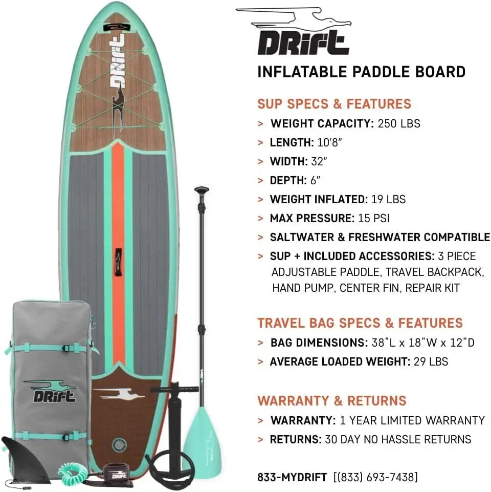 Drift Aero Inflatable Stand Up Paddle Board With Accessories, Classic Woodgrain, Adult, 10'8"