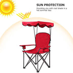 Outdoor Canopy Folding Beach Chair With 2 Cup Holders, 600D PVC Fabric - 38in x 26.5in x 51in