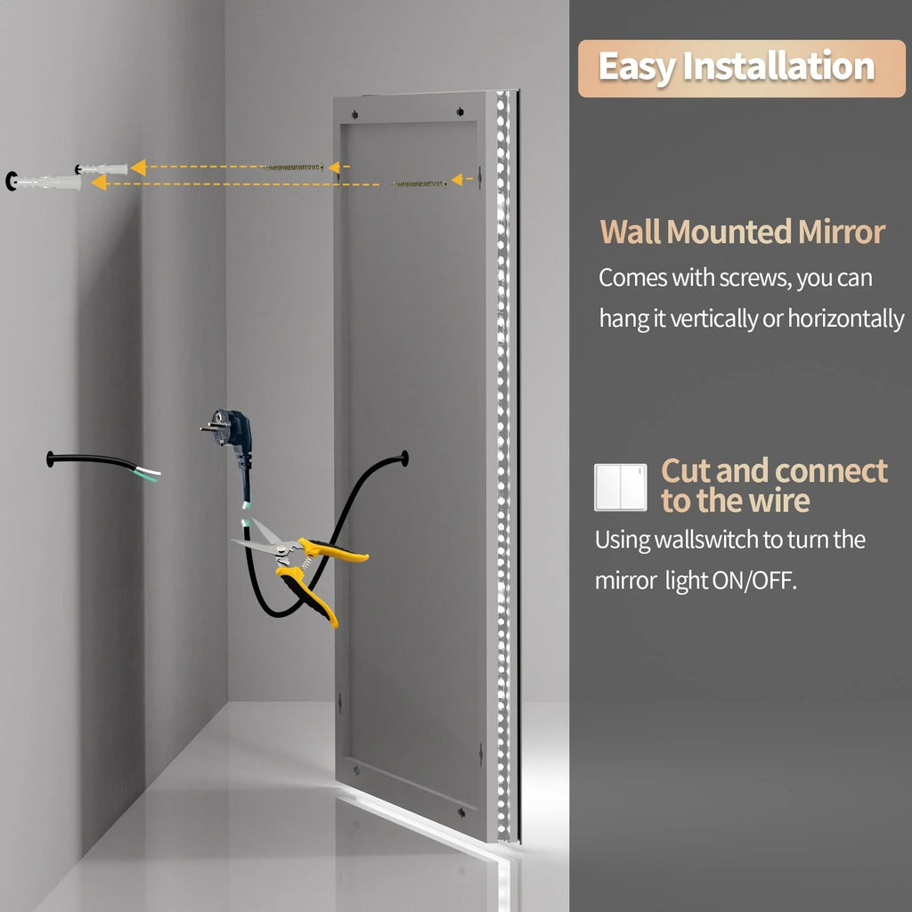 Extra Large LED Lighted Bathroom Mirror, Anti-Fog Wall Mounted Vanity Mirror with 3 Colors
