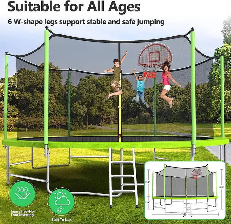 Trampoline With Enclosure Net And Adjustable Basketball Hoop - 8ft, 10ft, 12ft, 14ft, 15ft, 16ft