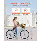 KFFKFF 26 in 7-Speed Cruiser Bike, Pale Blue With Front Basket And Rear Rack - SCB722-B