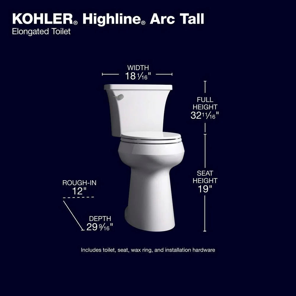 KOHLER Highline Arc Extra Tall Elongated Toilet, White, 1.28 GPF, 2-Piece - 78305-0