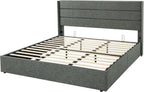 Queen Size Lift Up Storage Bed with Wingback Headboard, Upholstered Platform Bed Frame with Hidden Storage