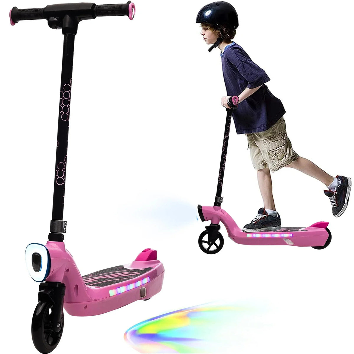iRerts Kids Electric Scooter 12V 45W With Front Light, Rear Brake And Colorful Deck Light - Pink