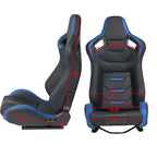 Universal Racing Bucket Seats, Pair With Dual Lock Sliders, Black With Blue PVC Leather, 36.6 x 21.6 x 21.6 in