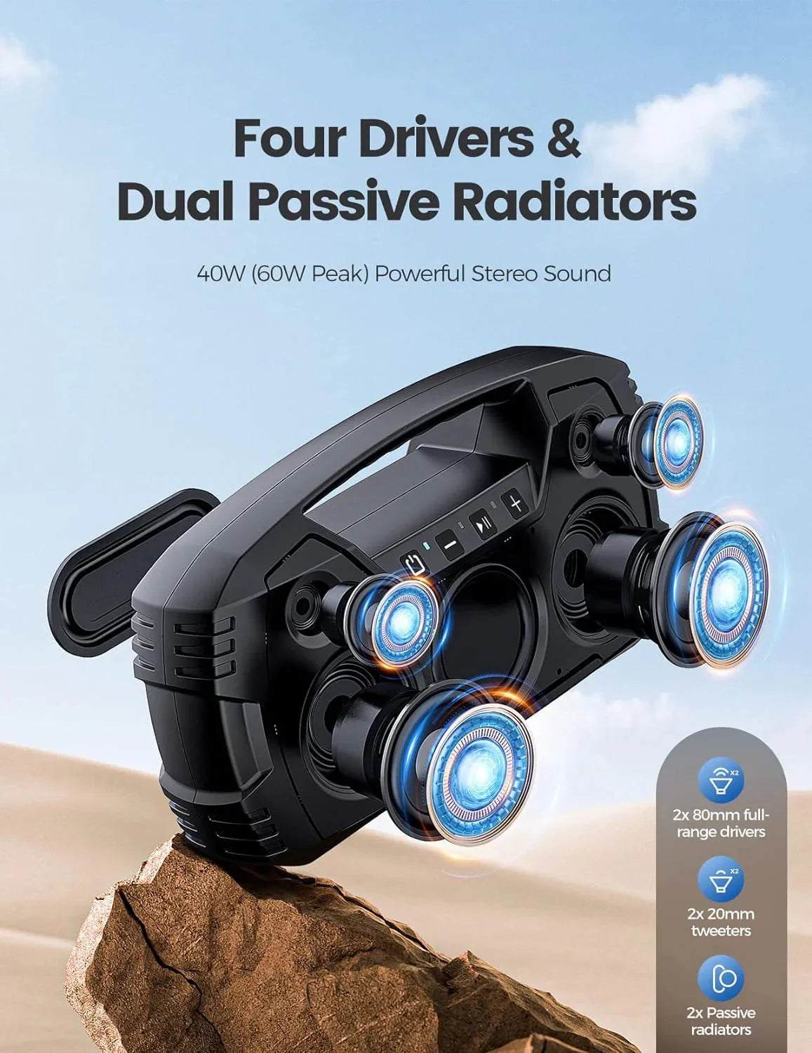 Portable Bluetooth Speaker 40W, IPX7 Waterproof