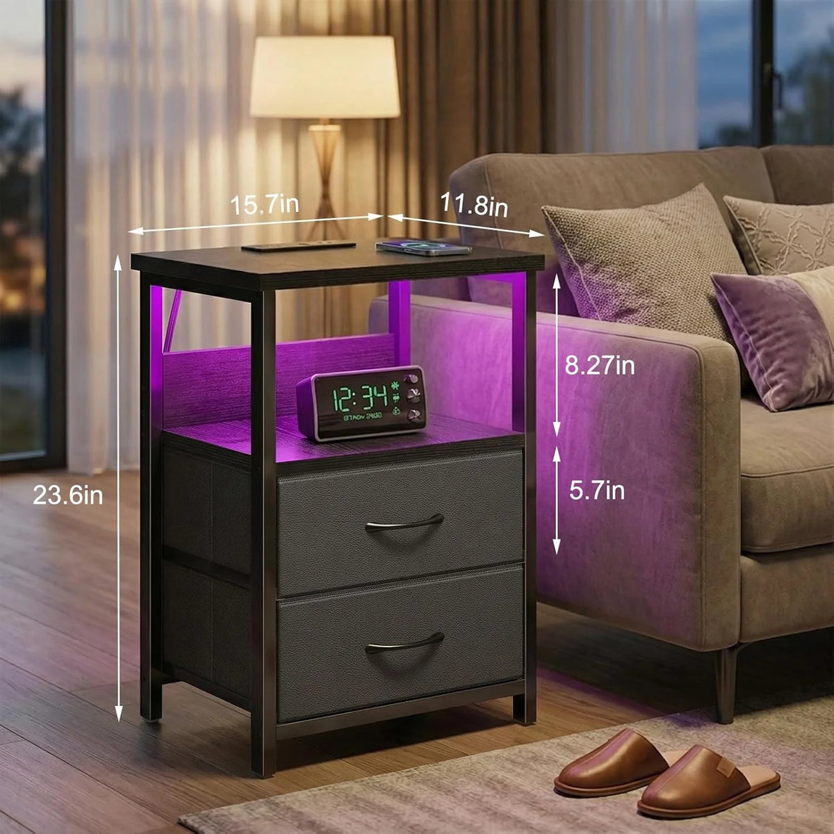 Black LED Nightstand with Charging Station, 2 Fabric Drawers & Open Shelves