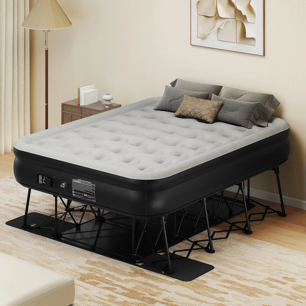 Dextrus Inflatable Queen Air Mattress With Built-In Pump, Steel Frame, Velvet Surface, Khaki