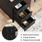 Fully Assembled Narrow End Table, Solid Wood Side Table with 3 Drawers, Vintage Nightstand for Small Spaces