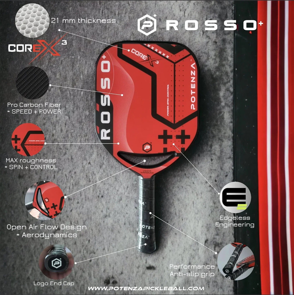 Potenza ROSSO+ Pro Pickleball Paddle - 21 mm COREx3
