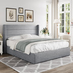 Queen Size Lift Up Storage Bed with Wingback Headboard, Upholstered Platform Bed Frame with Hidden Storage