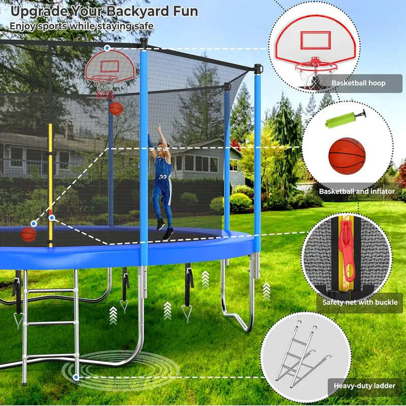 Trampoline With Enclosure Net And Adjustable Basketball Hoop - 8ft, 10ft, 12ft, 14ft, 15ft, 16ft
