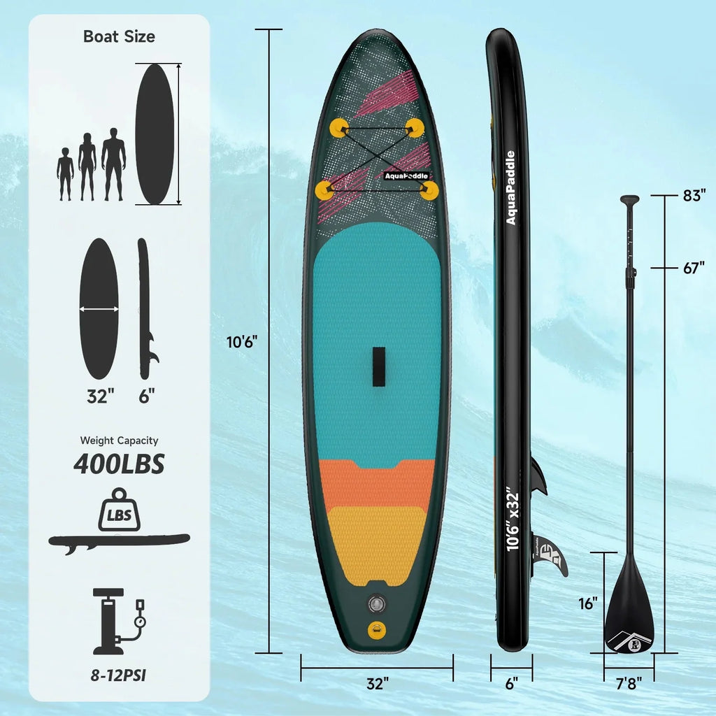 LNOW 10'6 Inflatable Stand Up Paddle Board, 6 ft Thick - Triple Action Pump