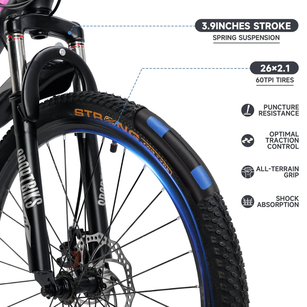 ARTUDATECH 24/26/27.5 Inch Mountain Bike, 24 Speeds, V/Disc Brakes, High-Carbon Steel Frame - Trailblazer