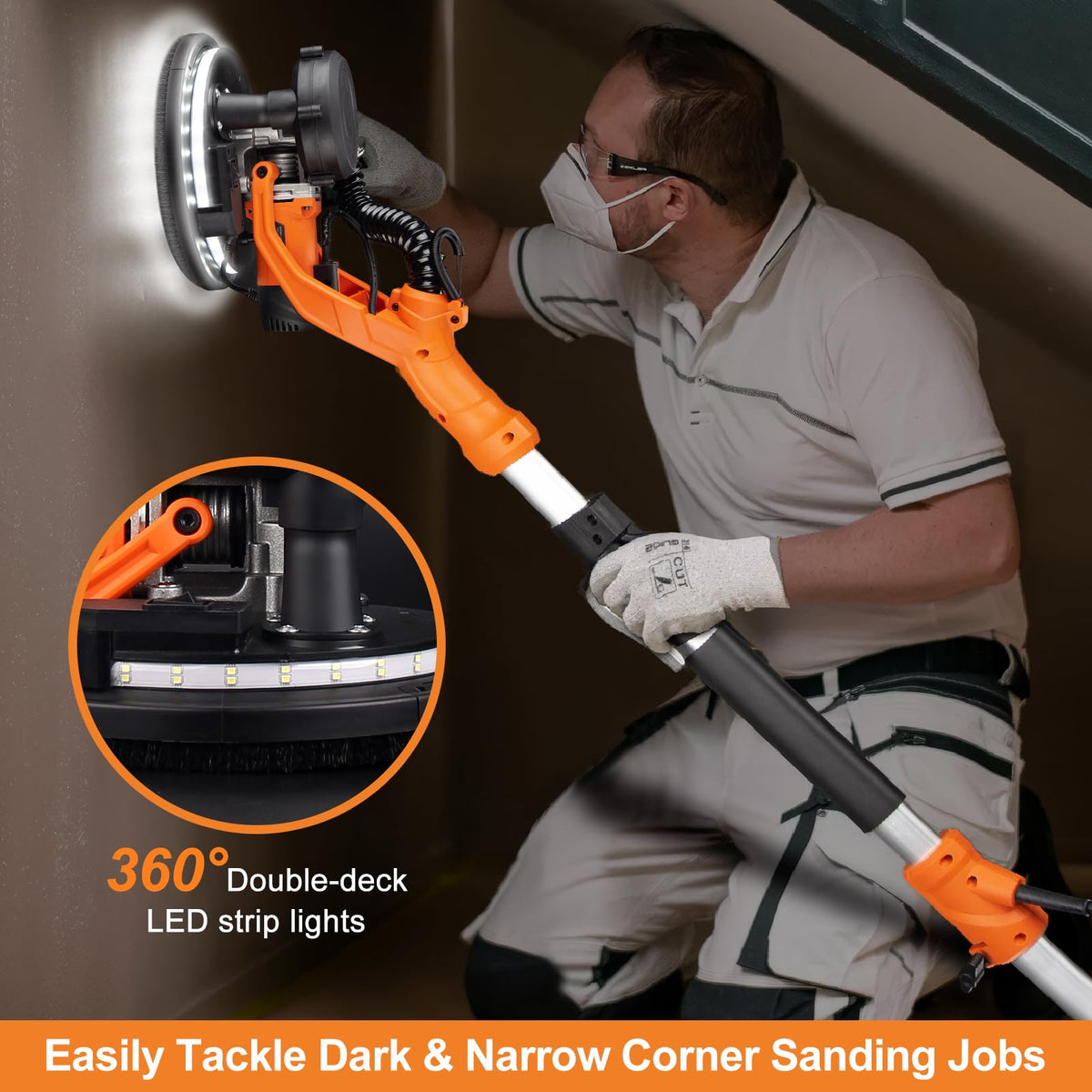 1000W Electric Drywall Sander With 4.9 Ft To 6.2 Ft Extension Pole And 15 Sanding Discs
