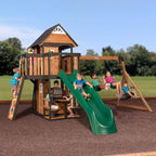 Backyard Discovery Canyon Creek Cedar Wood Swing Set With Wave Slide, Clubhouse, Play Kitchen, 183 x 188 x 119 Inches