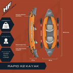 Bestway Inflatable Kayak Set With 2 Seats, Orange And Black - Hydro Force Lite Rapid X2