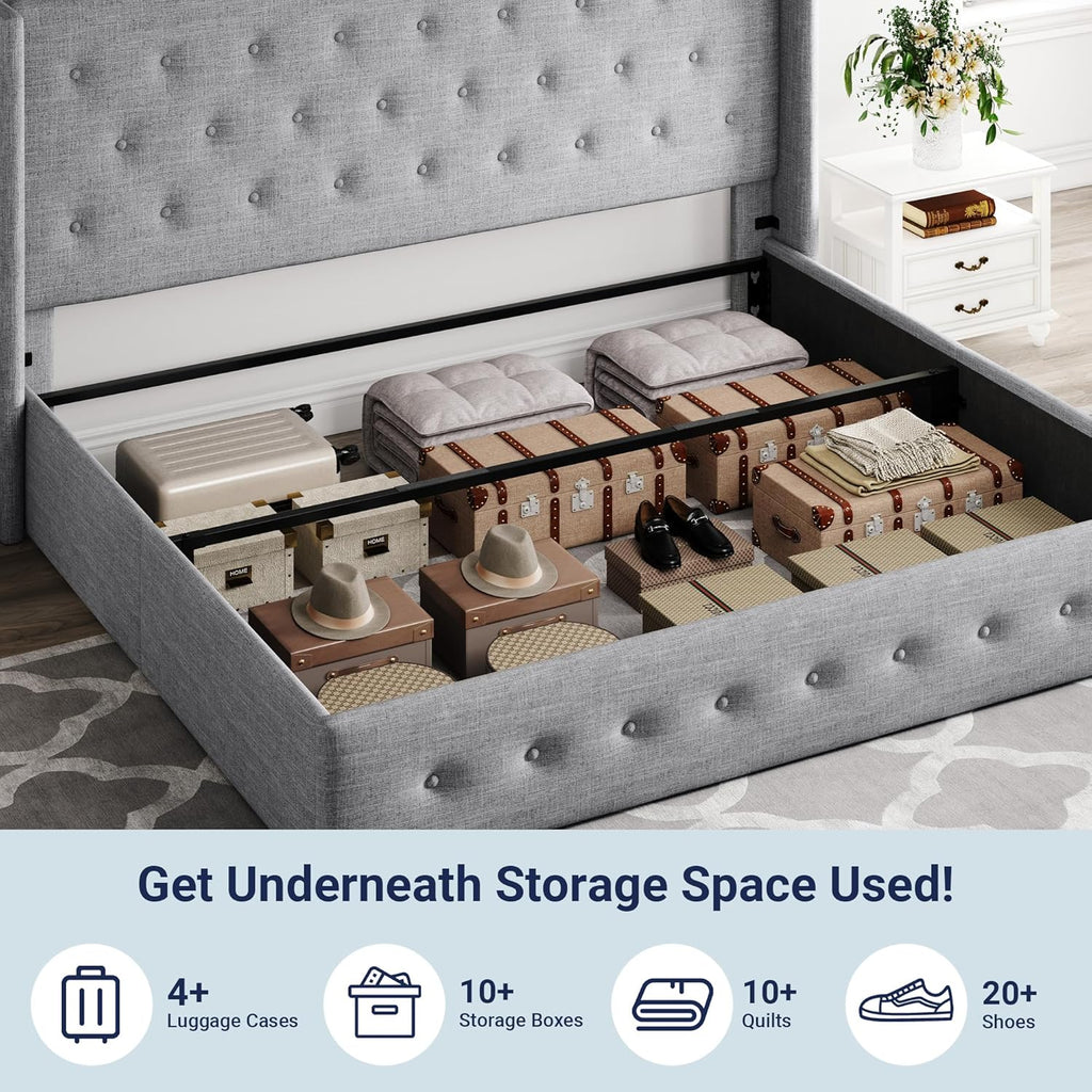 Queen Size Lift Up Storage Bed with Wingback Headboard, Upholstered Platform Bed Frame with Hidden Storage