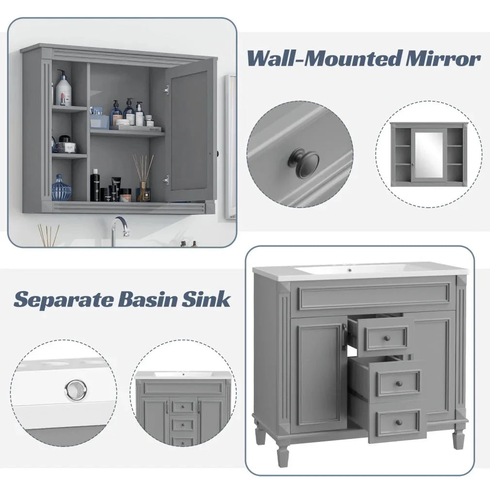 36'' Bathroom Vanity Set With Ceramic Sink Top, Mirror Cabinet, 2 Doors And 2 Drawers - Gray