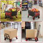 LAZY BUDDY 2-in-1 Folding Hand Truck Dolly With 22 Inch Folding Basket, Red, 330 LBS
